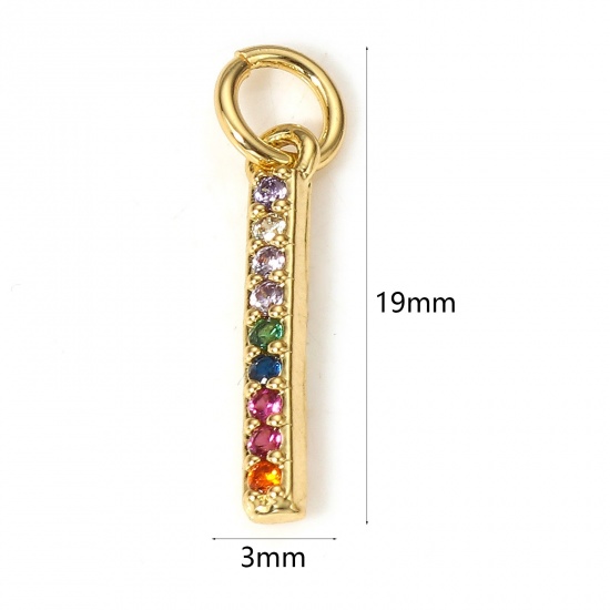 Imagen de 1 Unidad Latón Micro Pave Colgantes Charms Tira 18K Oro Real Chapado Micro Pave Multicolor Circón Artificial 19mm x 3mm