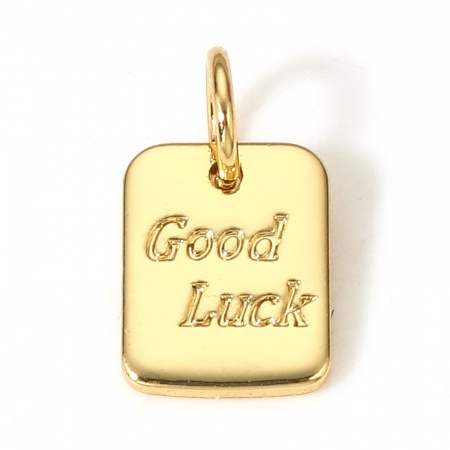 1 Piece Brass Positive Quotes Energy Charms 18K Real Gold Plated Rectangle Message " GOOD LUCK " 12.5mm x 7mm
