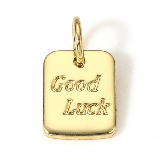 Picture of 1 Piece Copper Positive Quotes Energy Charms 18K Real Gold Plated Rectangle Message " GOOD LUCK " 12.5mm x 7mm