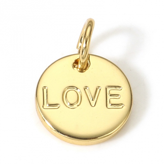 Picture of 1 Piece Copper Valentine's Day Charms 18K Real Gold Plated Round Message " LOVE " 12mm x 9mm