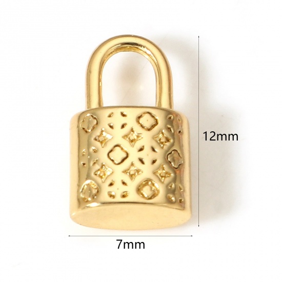 Picture of 1 Piece Brass Charms 18K Real Gold Plated Lock 3D 12mm x 7mm