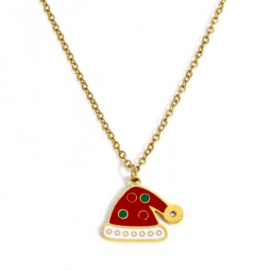 Picture of 1 Piece Eco-friendly PVD Vacuum Plating Stylish Cute Gold Plated 304 Stainless Steel Link Cable Chain Christmas Hats Enamel Necklace For Women Gift 44.5cm(17 4/8") long