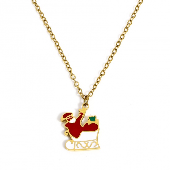 Picture of 1 Piece Eco-friendly PVD Vacuum Plating Stylish Cute Gold Plated 304 Stainless Steel Link Cable Chain Christmas Sleigh Christmas Santa Claus Enamel Necklace For Women Gift 44.5cm(17 4/8") long