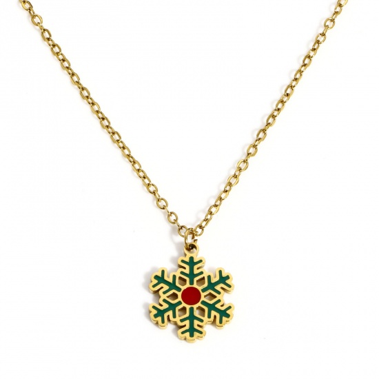 Picture of 1 Piece Vacuum Plating 304 Stainless Steel Link Cable Chain Necklace Gold Plated Christmas Snowflake Enamel 44.5cm(17 4/8") long