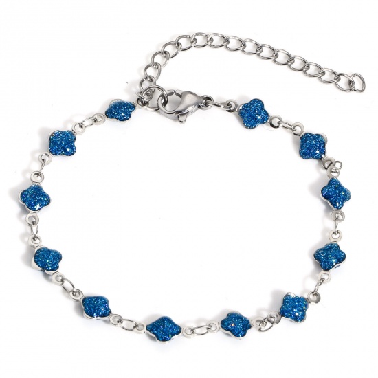 Picture of 1 Piece 304 Stainless Steel Handmade Link Chain Bracelets Silver Tone Blue Flower Enamel 16.5cm(6 4/8") long