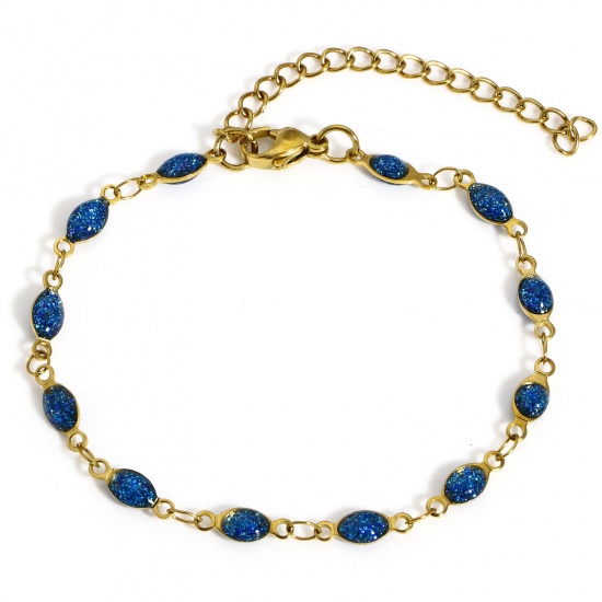 Picture of 1 Piece Vacuum Plating 304 Stainless Steel Handmade Link Chain Bracelets Gold Plated Blue Marquise Double-sided Enamel 17cm(6 6/8") long
