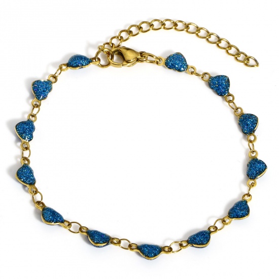 Immagine di 1 Pz Placcatura Sottovuoto 304 Acciaio Inossidabile Catena a Maglia Fatta a Mano Braccialetti Oro Placcato Blu Cuore Smalto a Doppia Faccia 17cm Lunghezza