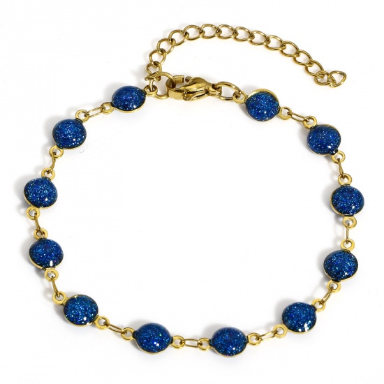 Picture of 1 Piece Vacuum Plating 304 Stainless Steel Handmade Link Chain Bracelets Gold Plated Blue Round Double-sided Enamel 17cm(6 6/8") long