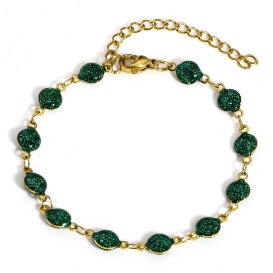 Picture of 1 Piece Vacuum Plating 304 Stainless Steel Handmade Link Chain Bracelets Gold Plated Green Round Double-sided Enamel 17cm(6 6/8") long