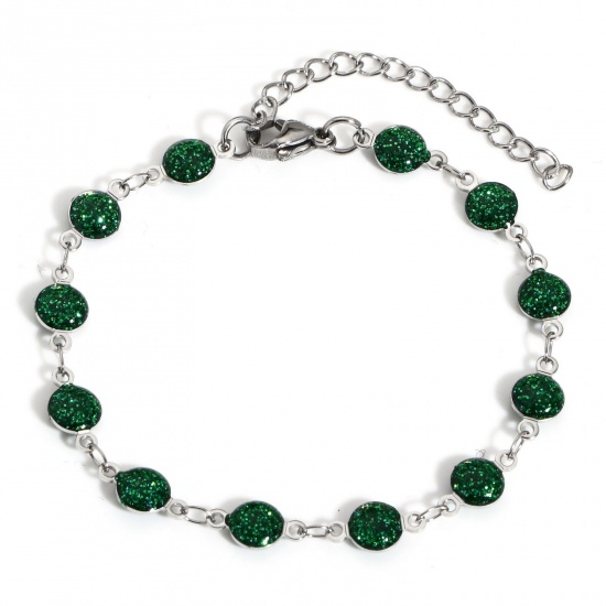 Picture of 1 Piece 304 Stainless Steel Handmade Link Chain Bracelets Silver Tone Green Round Double-sided Enamel 17cm(6 6/8") long