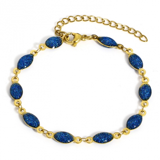 Picture of 1 Piece 304 Stainless Steel Handmade Link Chain Bracelets Gold Plated Blue Marquise Double-sided Enamel 17cm(6 6/8") long