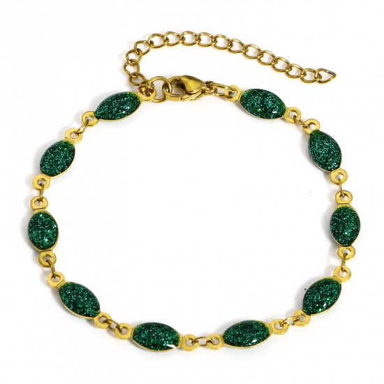 Picture of 1 Piece 304 Stainless Steel Handmade Link Chain Bracelets Gold Plated Green Marquise Double-sided Enamel 17cm(6 6/8") long