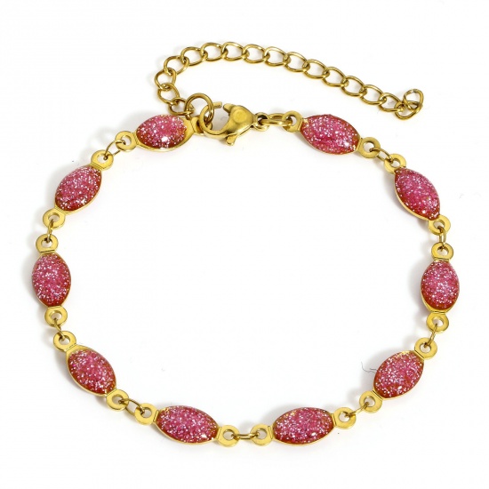 Picture of 1 Piece 304 Stainless Steel Handmade Link Chain Bracelets Gold Plated Pink Marquise Double-sided Enamel 17cm(6 6/8") long
