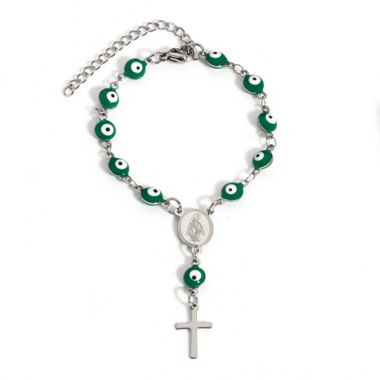 Immagine di 1 Pz 304 Acciaio Inossidabile Religione Catena a Maglia Fatta a Mano Braccialetti Tono Argento Verde Malocchio Croce Smalto a Doppia Faccia 15cm Lunghezza