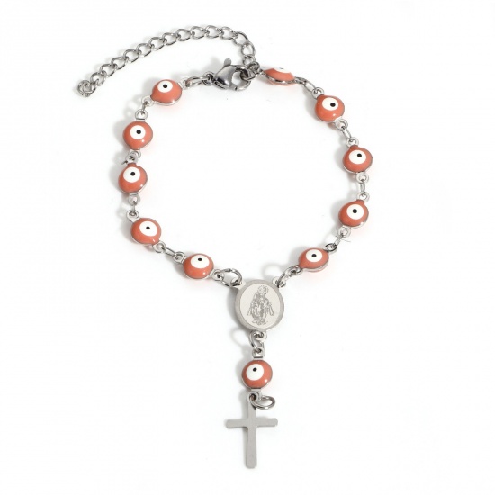 Immagine di 1 Pz 304 Acciaio Inossidabile Religione Catena a Maglia Fatta a Mano Braccialetti Tono Argento Arancione Rosa Malocchio Croce Smalto a Doppia Faccia 15cm Lunghezza