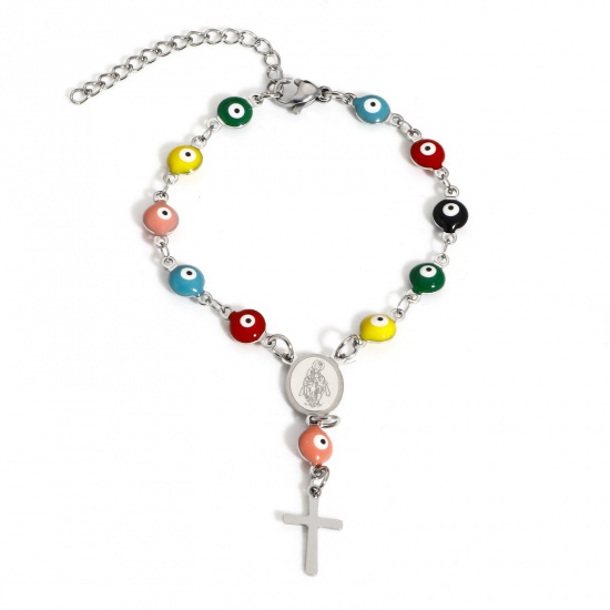 Immagine di 1 Pz 304 Acciaio Inossidabile Religione Catena a Maglia Fatta a Mano Braccialetti Tono Argento Multicolore Malocchio Croce Smalto a Doppia Faccia 15cm Lunghezza