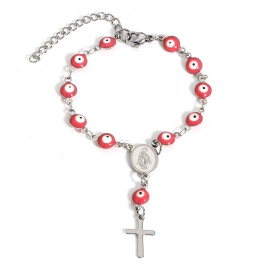 Immagine di 1 Pz 304 Acciaio Inossidabile Religione Catena a Maglia Fatta a Mano Braccialetti Tono Argento Rosa Malocchio Croce Smalto a Doppia Faccia 15cm Lunghezza