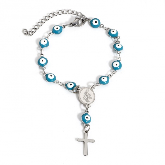 Immagine di 1 Pz 304 Acciaio Inossidabile Religione Catena a Maglia Fatta a Mano Braccialetti Tono Argento Verde Blu Malocchio Croce Smalto a Doppia Faccia 15cm Lunghezza