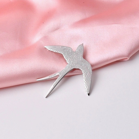 Picture of 1 Piece 304 Stainless Steel Exquisite Pin Brooches Silver Tone Swallow Bird 4.9cm x 5cm