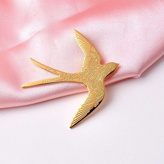 Picture of 1 Piece 304 Stainless Steel Exquisite Pin Brooches Gold Plated Swallow Bird 4.9cm x 5cm