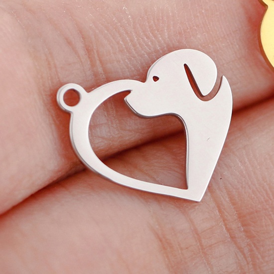 Picture of 3 PCs 304 Stainless Steel Charms Silver Tone Heart Dog Hollow 15mm x 15mm
