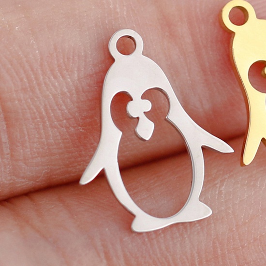 Picture of 3 PCs 304 Stainless Steel Charms Silver Tone Penguin Animal Hollow 13mm x 16mm