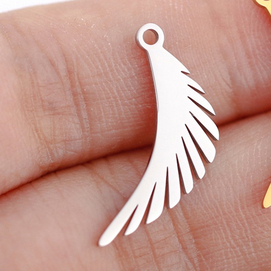 Picture of 3 PCs 304 Stainless Steel Charms Silver Tone Feather Hollow 10mm x 23mm