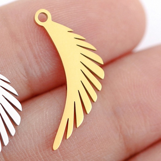 Picture of 3 PCs 304 Stainless Steel Charms Gold Plated Feather Hollow 10mm x 23mm