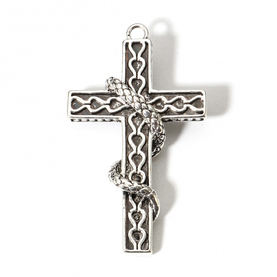 Immagine di 2 Pz Lega di Zinco Religione Ciondoli Argento Antico Croce Serpente 5.1cm x 3cm