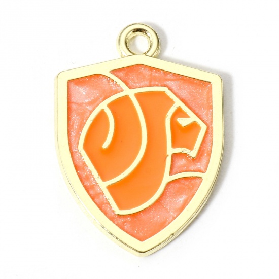 Picture of 10 PCs Zinc Based Alloy Charms Gold Plated Orange Pearlized Shield Lion Enamel 23mm x 16mm