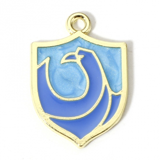 Picture of 10 PCs Zinc Based Alloy Charms Gold Plated Blue Pearlized Shield Eagle Enamel 23mm x 16mm