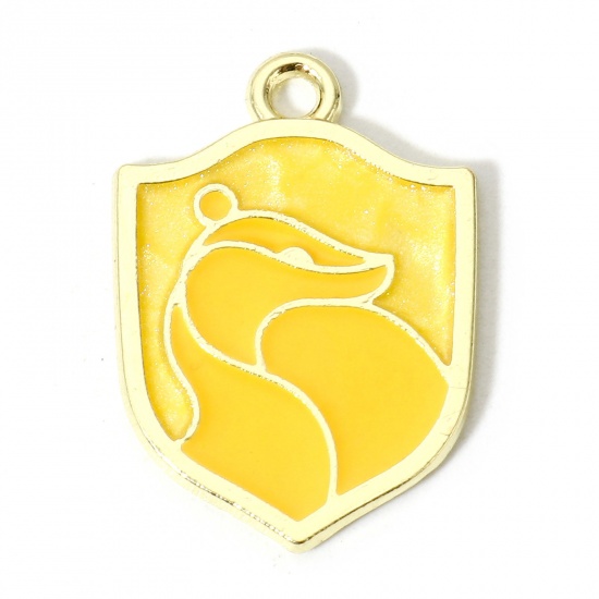 Picture of 10 PCs Zinc Based Alloy Charms Gold Plated Yellow Pearlized Shield Fox Enamel 23mm x 16mm