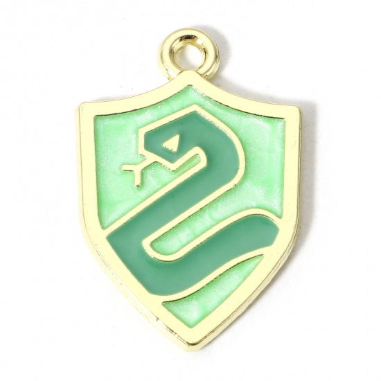 Picture of 10 PCs Zinc Based Alloy Charms Gold Plated Green Pearlized Shield Snake Enamel 23mm x 16mm