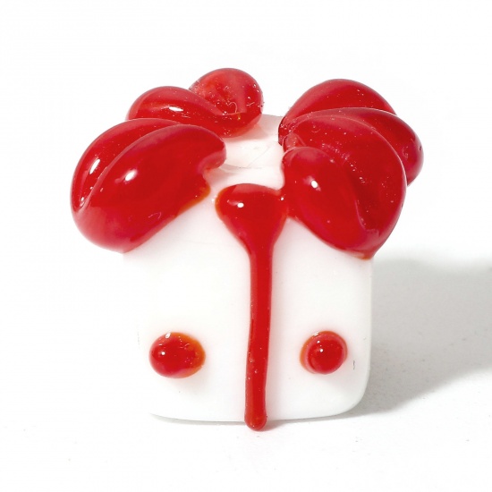 Picture of 2 PCs Lampwork Glass Beads For DIY Charm Jewelry Making Gift Box White & Red 3D About 12mm x 12mm, Hole: Approx 1.5mm