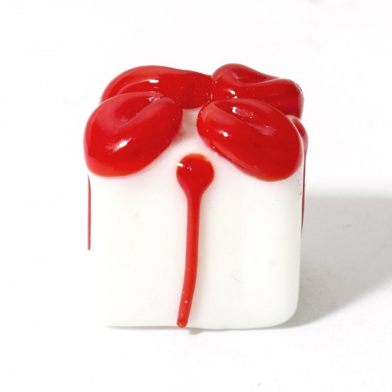 Picture of 2 PCs Lampwork Glass Beads For DIY Charm Jewelry Making Gift Box White & Red 3D About 14mm x 14mm, Hole: Approx 2mm