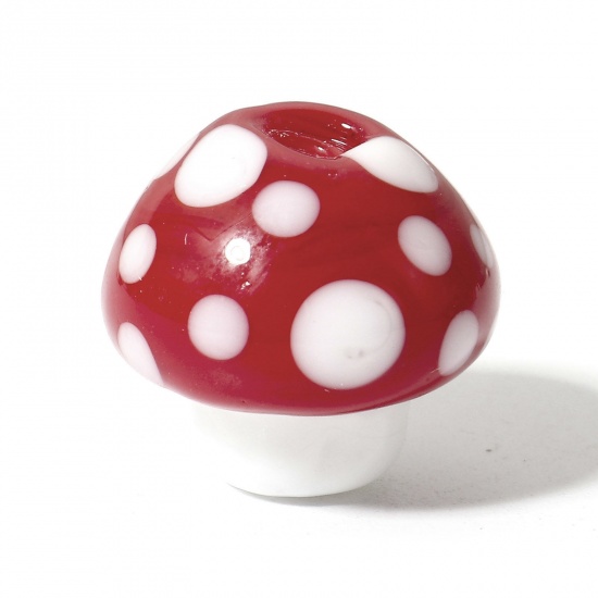 Picture of 2 PCs Lampwork Glass Beads For DIY Charm Jewelry Making Mushroom White & Red 3D About 22mm x 20mm, Hole: Approx 1.8mm