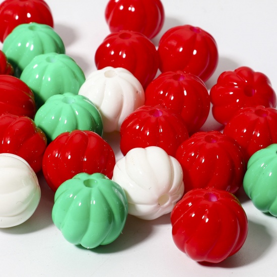 Bild von 20 Stück Acryl Weihnachten Perlen für die Herstellung von DIY-Charme-Schmuck Zufällig Gemischte Farben Rund Streifen 3D ca. 16mm D., Loch:ca. 2.6mm