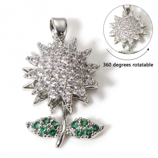 Picture of 1 Piece Brass Charms Silver Tone Sunflower Rotatable Clear Cubic Zirconia 26mm x 15mm                                                                                                                                                                         
