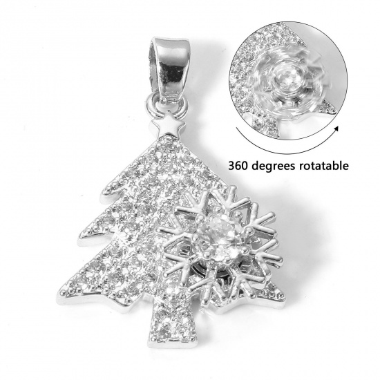 Picture of 1 Piece Brass Christmas Charms Silver Tone Christmas Tree Rotatable Clear Cubic Zirconia 26mm x 17mm                                                                                                                                                          