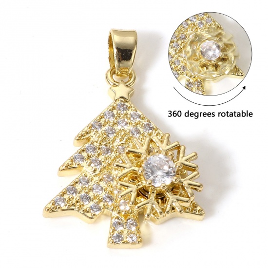 Picture of 1 Piece Brass Christmas Charms Gold Plated Christmas Tree Rotatable Clear Cubic Zirconia 26mm x 17mm                                                                                                                                                          