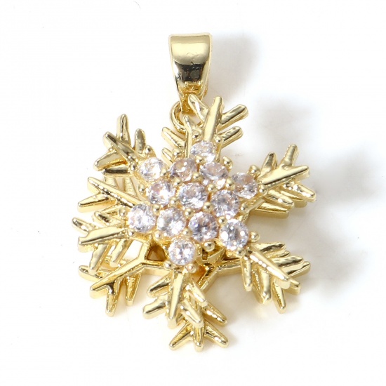 Picture of 1 Piece Brass Christmas Charm Pendant Gold Plated Christmas Snowflake Rotatable Clear Cubic Zirconia 24mm x 16mm