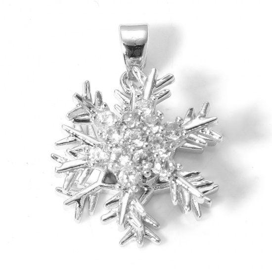 Picture of 1 Piece Brass Christmas Charms Silver Tone Christmas Snowflake Rotatable Clear Cubic Zirconia 24mm x 16mm                                                                                                                                                     