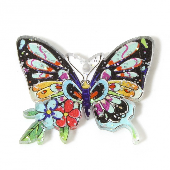 Bild von 10 Stück Acryl Gotisch Anhänger Schmetterling Blumen Bunt Glitzernd Pulver 3.5cm x 2.9cm