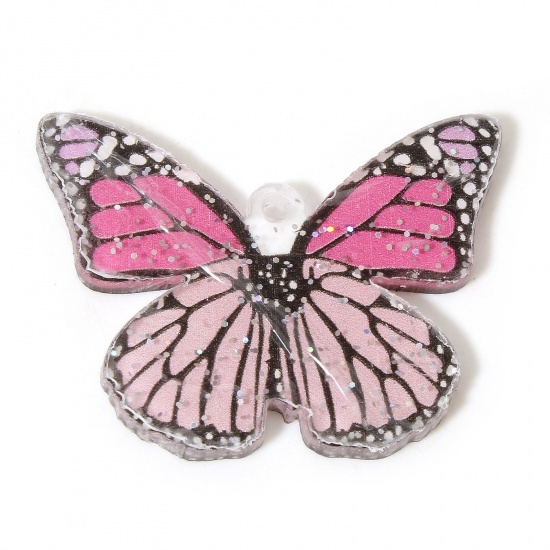 Picture of 10 PCs Acrylic Gothic Pendants Butterfly Animal Pink Glitter 3.8cm x 2.9cm
