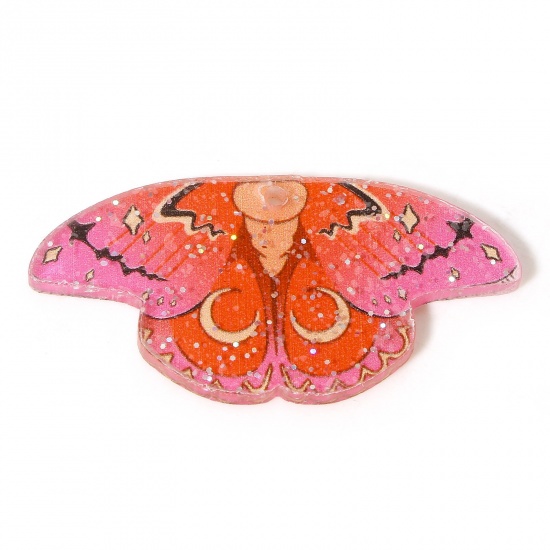 Picture of 10 PCs Acrylic Gothic Pendants Moth Moon Pink Glitter 4.5cm x 2.2cm