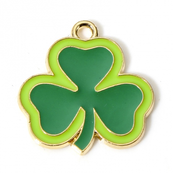 Picture of 10 PCs Zinc Based Alloy St Patrick's Day Charms Gold Plated Green Leaf Clover Enamel 22mm x 21mm