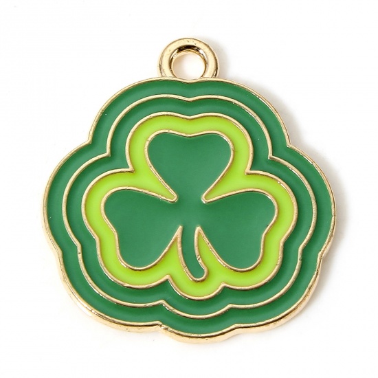 Picture of 10 PCs Zinc Based Alloy St Patrick's Day Charms Gold Plated Green Leaf Clover Enamel 22mm x 20mm
