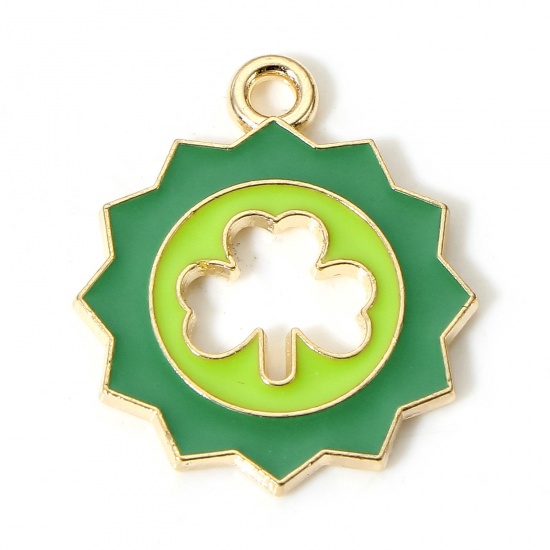 Picture of 10 PCs Zinc Based Alloy St Patrick's Day Charms Gold Plated Green Leaf Clover Enamel 22mm x 19mm