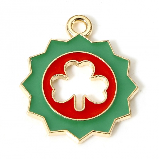 Picture of 10 PCs Zinc Based Alloy St Patrick's Day Charms Gold Plated Red & Green Leaf Clover Enamel 22mm x 19mm