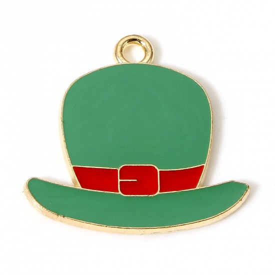 Picture of 10 PCs Zinc Based Alloy St Patrick's Day Charms Gold Plated Green Hat Enamel 23mm x 22mm